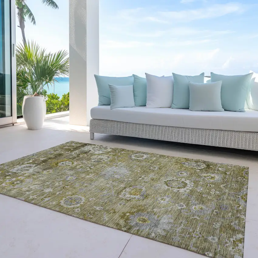 Brown Green And Gray Floral Washable Indoor Outdoor Area Rug Photo 7
