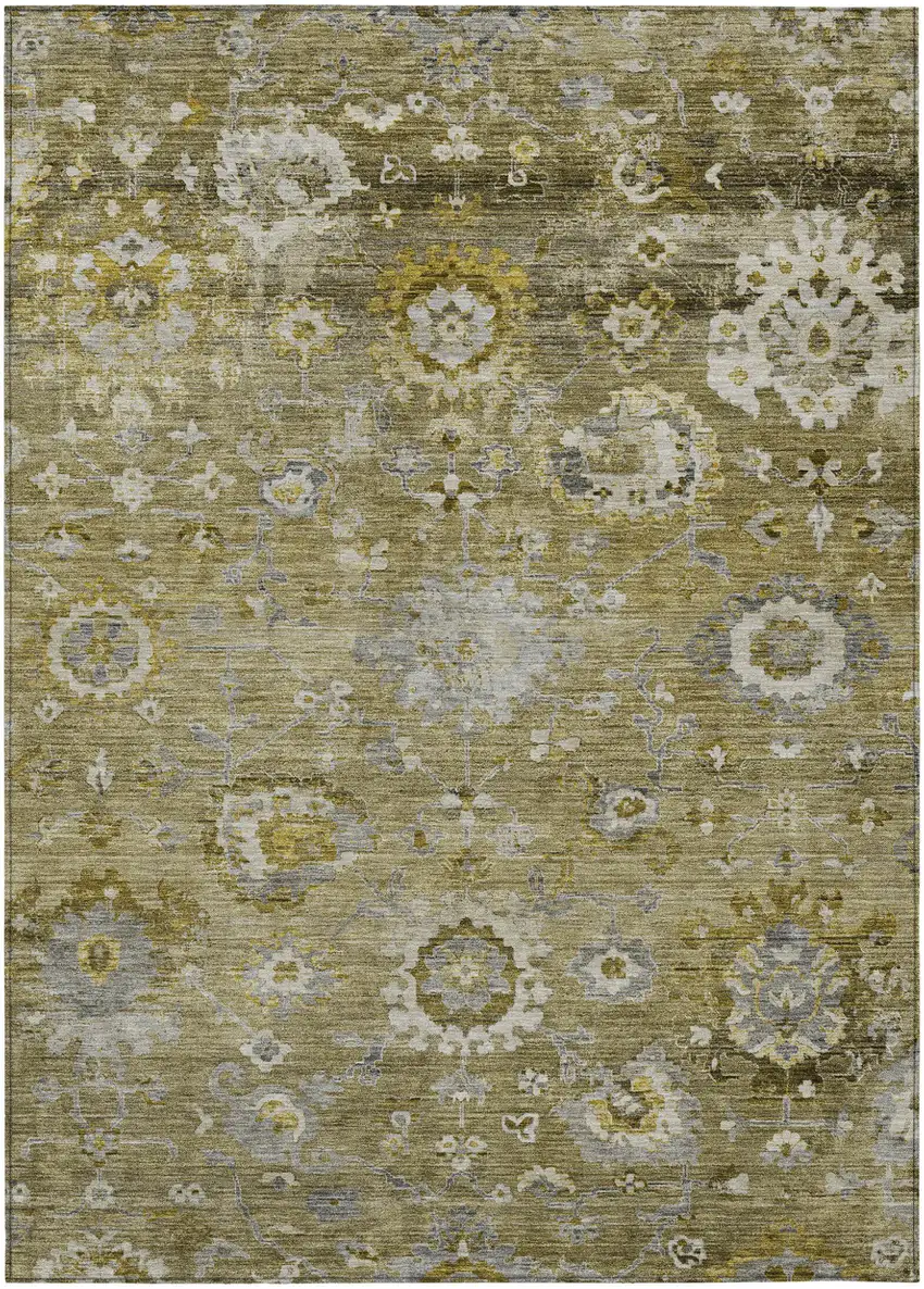 Brown Green And Gray Floral Washable Indoor Outdoor Area Rug Photo 2