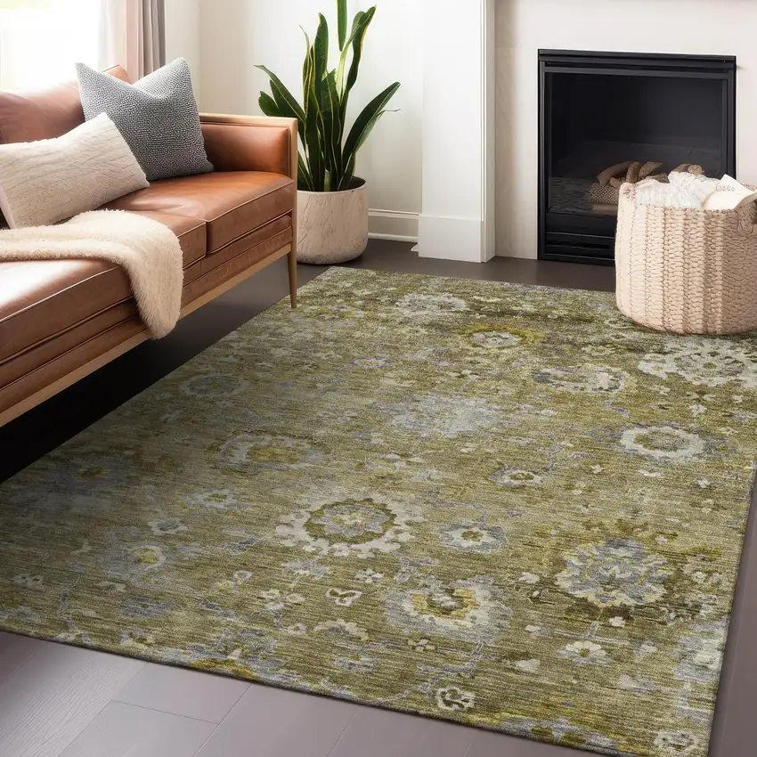 Brown Green And Gray Floral Washable Indoor Outdoor Area Rug Photo 8