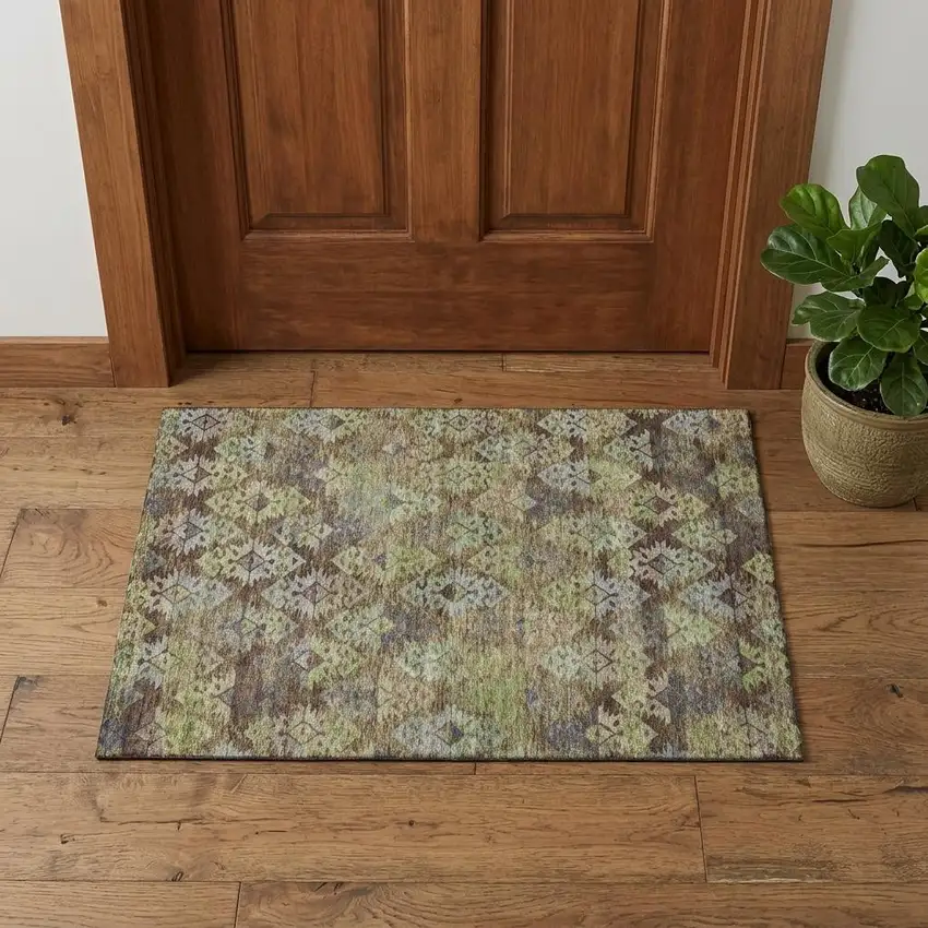 Brown Green And Gray Ikat Washable Area Rug With UV Protection Photo 1