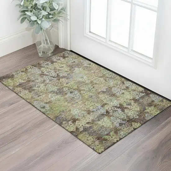 Brown Green And Gray Ikat Washable Area Rug With UV Protection Photo 2