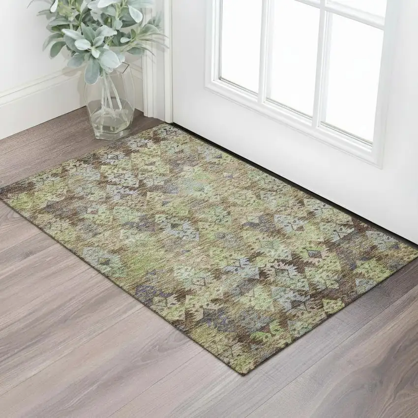 Brown Green And Gray Ikat Washable Area Rug With UV Protection Photo 2