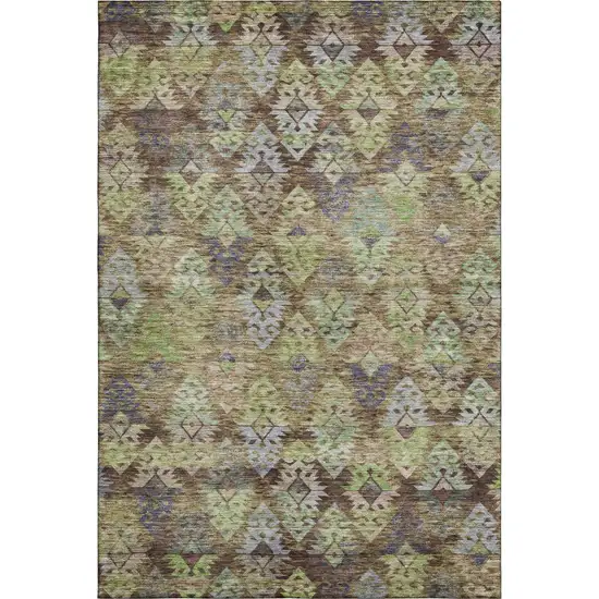 Brown Green And Gray Ikat Washable Area Rug With UV Protection Photo 1