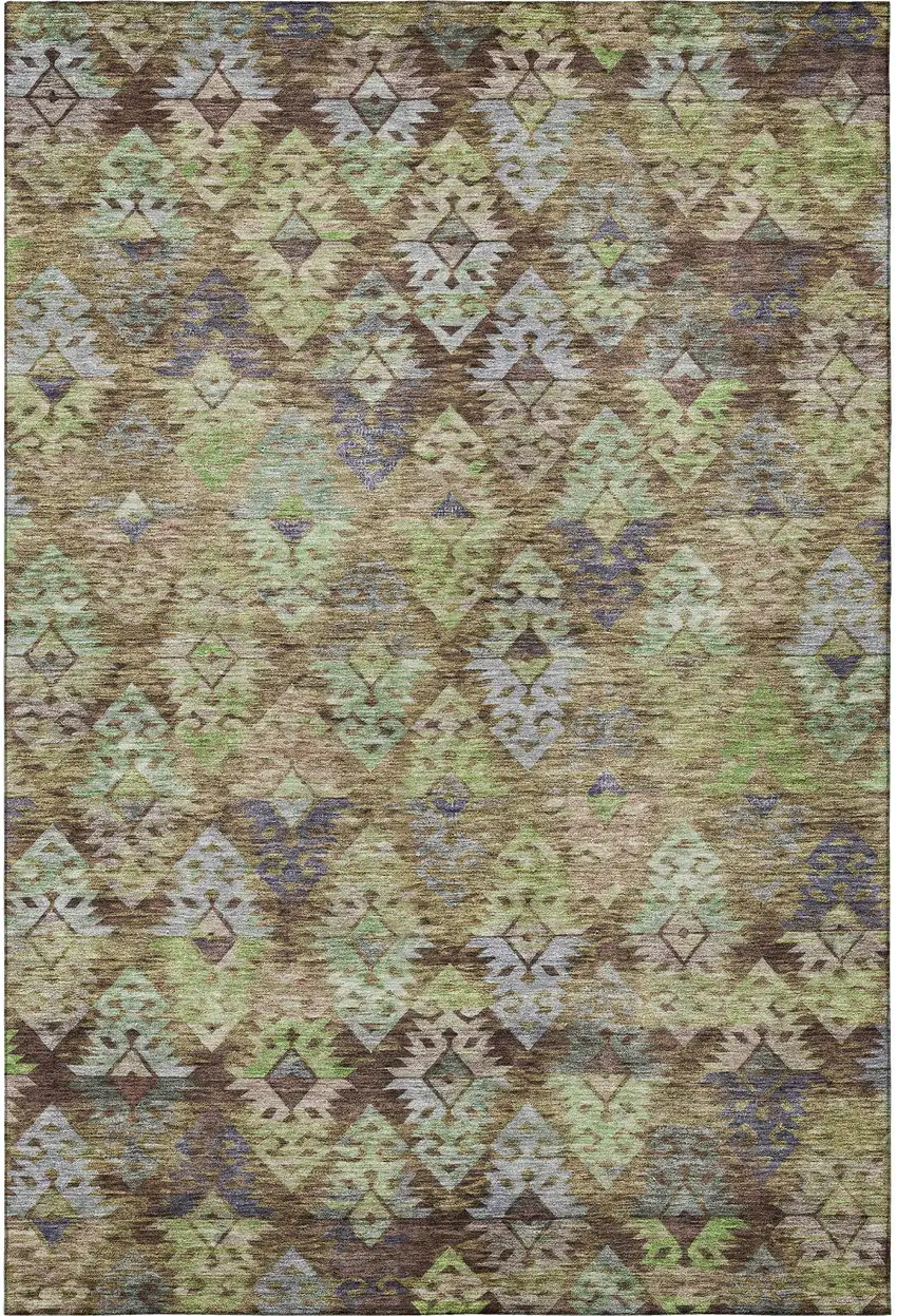 Brown Green And Gray Ikat Washable Area Rug With UV Protection Photo 3