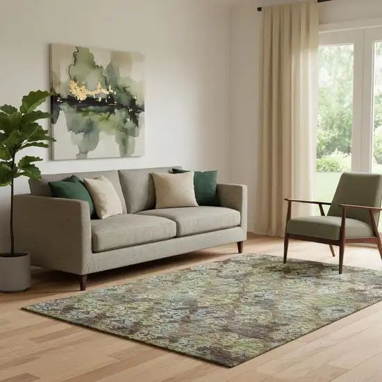 Brown Green And Gray Ikat Washable Area Rug With UV Protection Photo 2