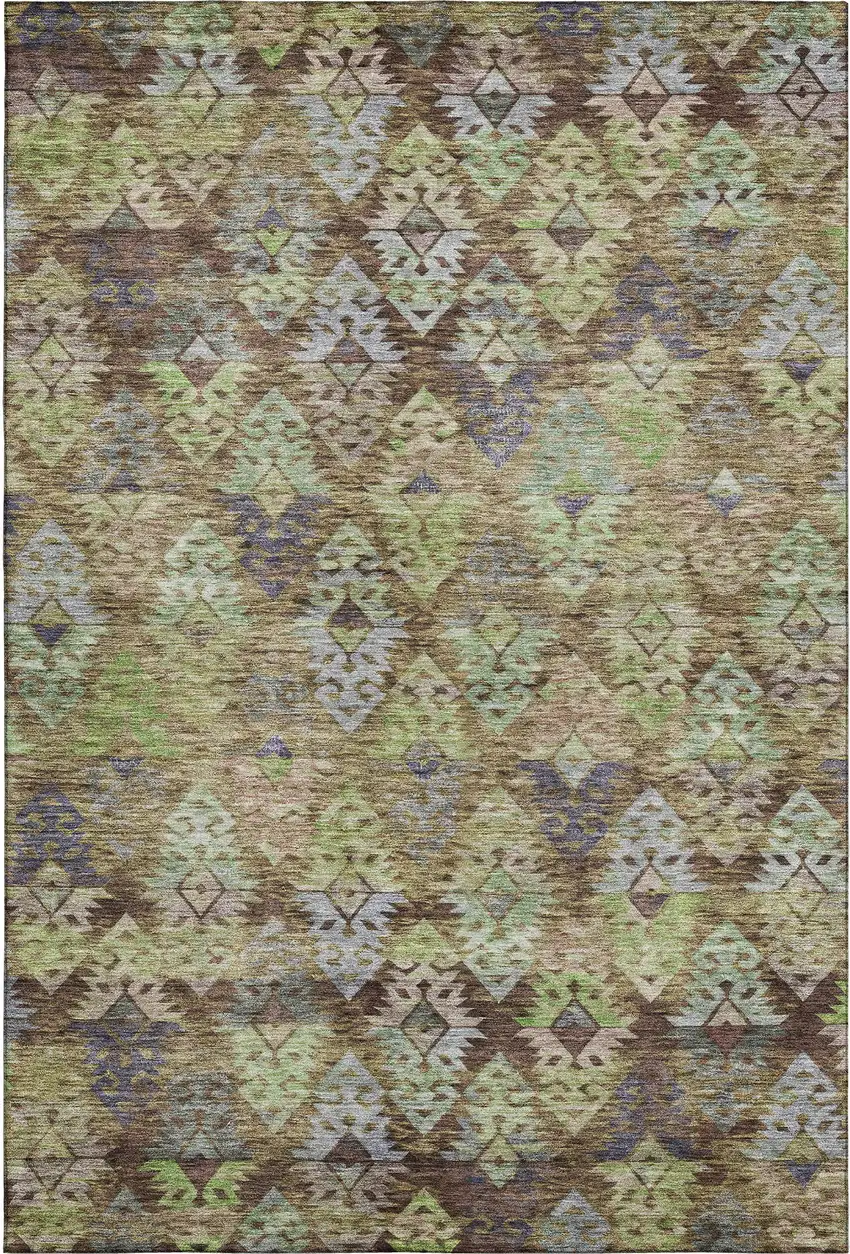 Brown Green And Gray Ikat Washable Area Rug With UV Protection Photo 1