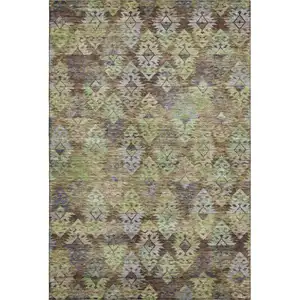 Photo of Brown Green And Gray Ikat Washable Area Rug With UV Protection