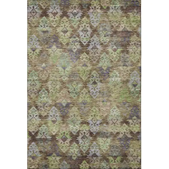 Brown Green And Gray Ikat Washable Area Rug With UV Protection Photo 3