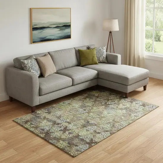 Brown Green And Gray Ikat Washable Area Rug With UV Protection Photo 2