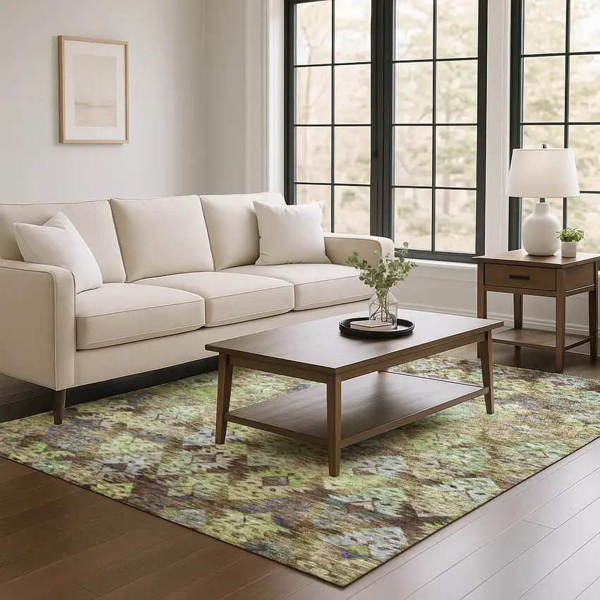 Brown Green And Gray Ikat Washable Area Rug With UV Protection Photo 4