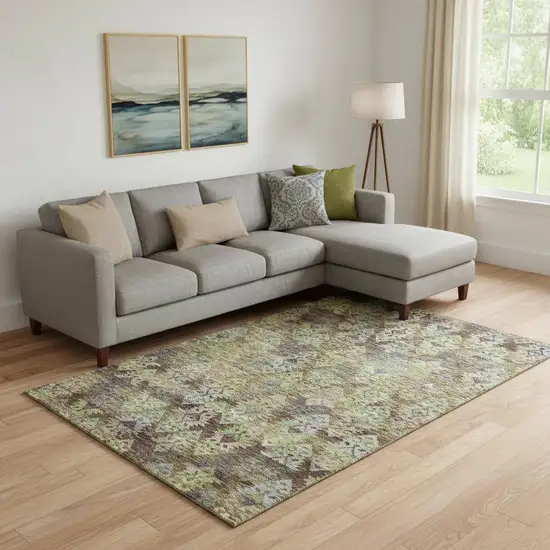 Brown Green And Gray Ikat Washable Area Rug With UV Protection Photo 2