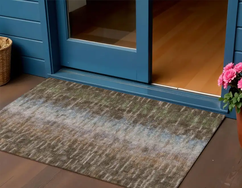 Brown Green And Ivory Abstract Washable Indoor Outdoor Area Rug Photo 1