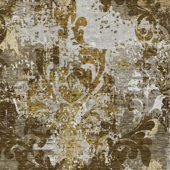 Brown Green And Ivory Damask Washable Indoor Outdoor Area Rug Photo 7