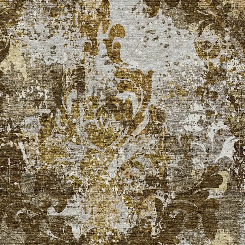 Brown Green And Ivory Damask Washable Indoor Outdoor Area Rug Photo 7