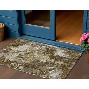 Photo of Brown Green And Ivory Damask Washable Indoor Outdoor Area Rug
