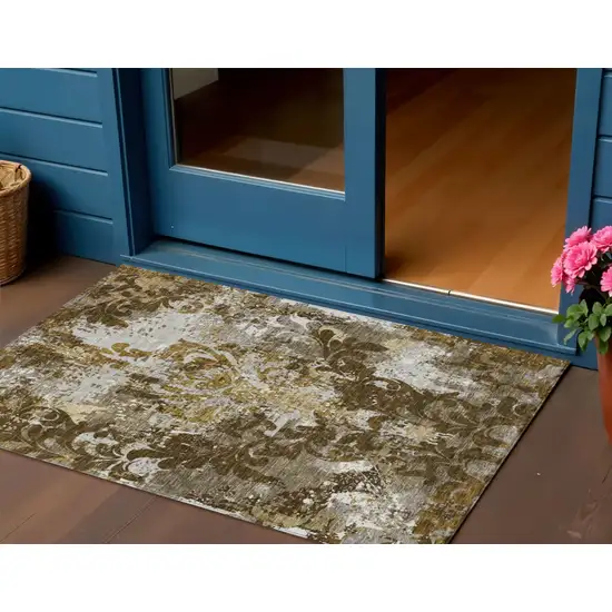 Brown Green And Ivory Damask Washable Indoor Outdoor Area Rug Photo 1