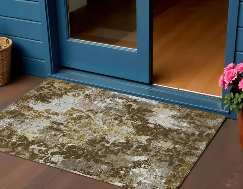 Brown Green And Ivory Damask Washable Indoor Outdoor Area Rug Photo 1