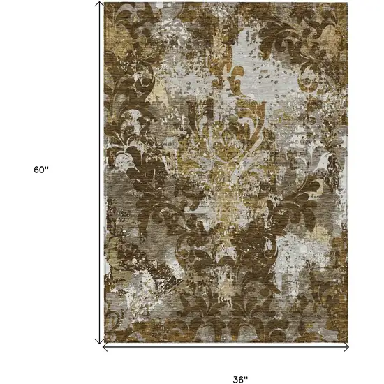 Brown Green And Ivory Damask Washable Indoor Outdoor Area Rug Photo 3