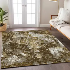 Photo of Brown Green And Ivory Damask Washable Indoor Outdoor Area Rug