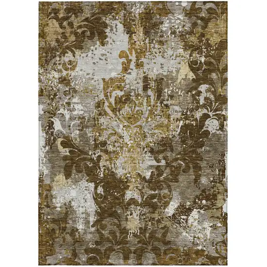 Brown Green And Ivory Damask Washable Indoor Outdoor Area Rug Photo 7
