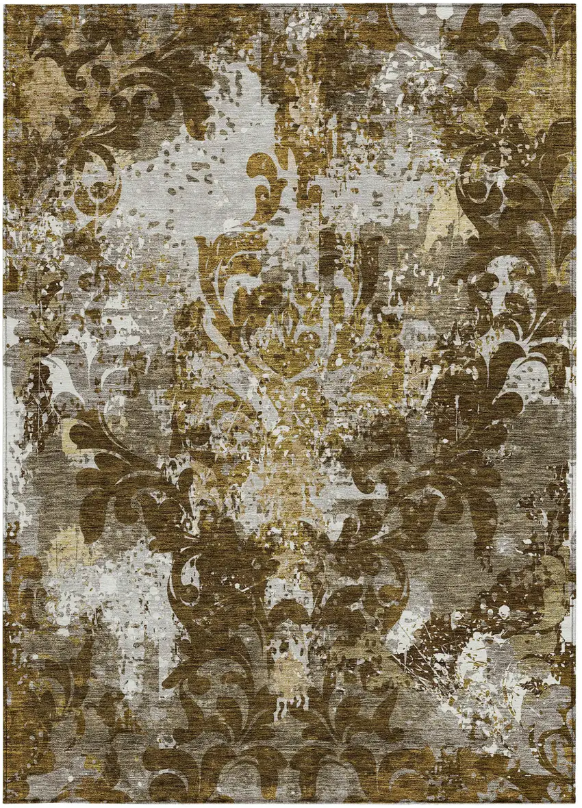 Brown Green And Ivory Damask Washable Indoor Outdoor Area Rug Photo 7