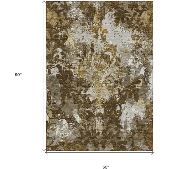 Brown Green And Ivory Damask Washable Indoor Outdoor Area Rug Photo 3