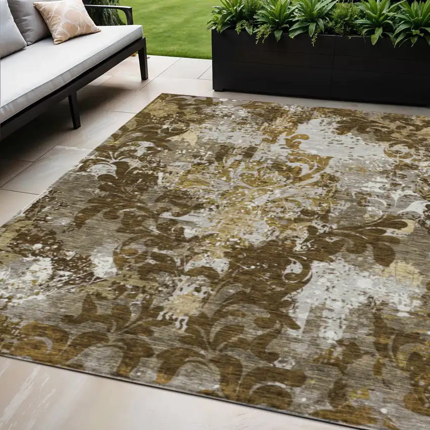 Brown Green And Ivory Damask Washable Indoor Outdoor Area Rug Photo 1