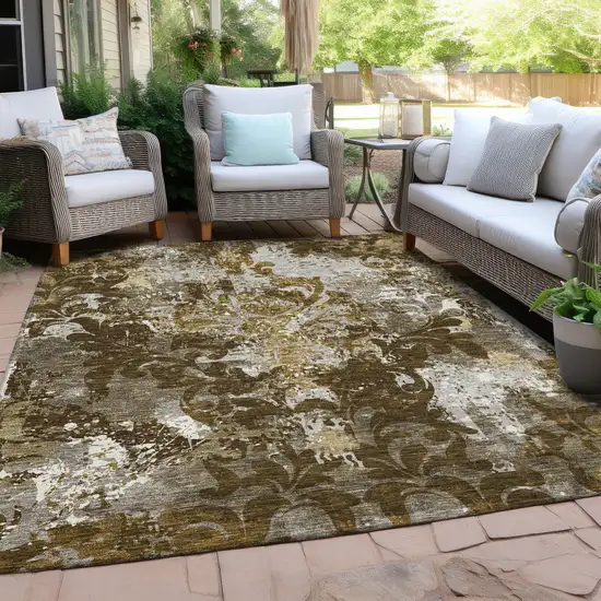 Brown Green And Ivory Damask Washable Indoor Outdoor Area Rug Photo 8