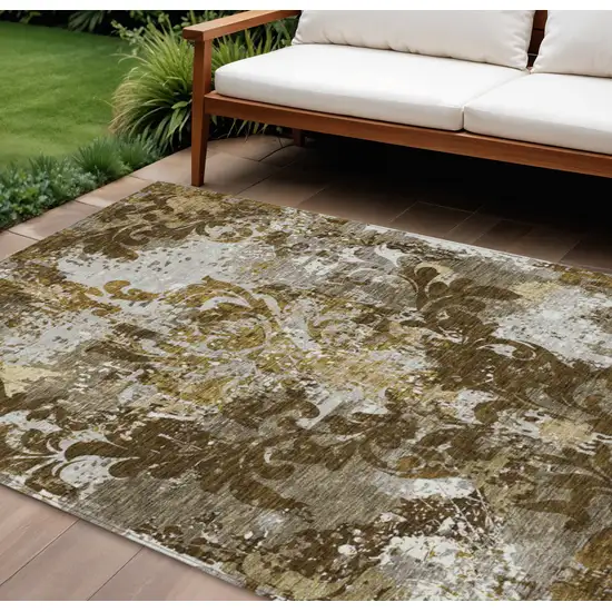 Brown Green And Ivory Damask Washable Indoor Outdoor Area Rug Photo 1
