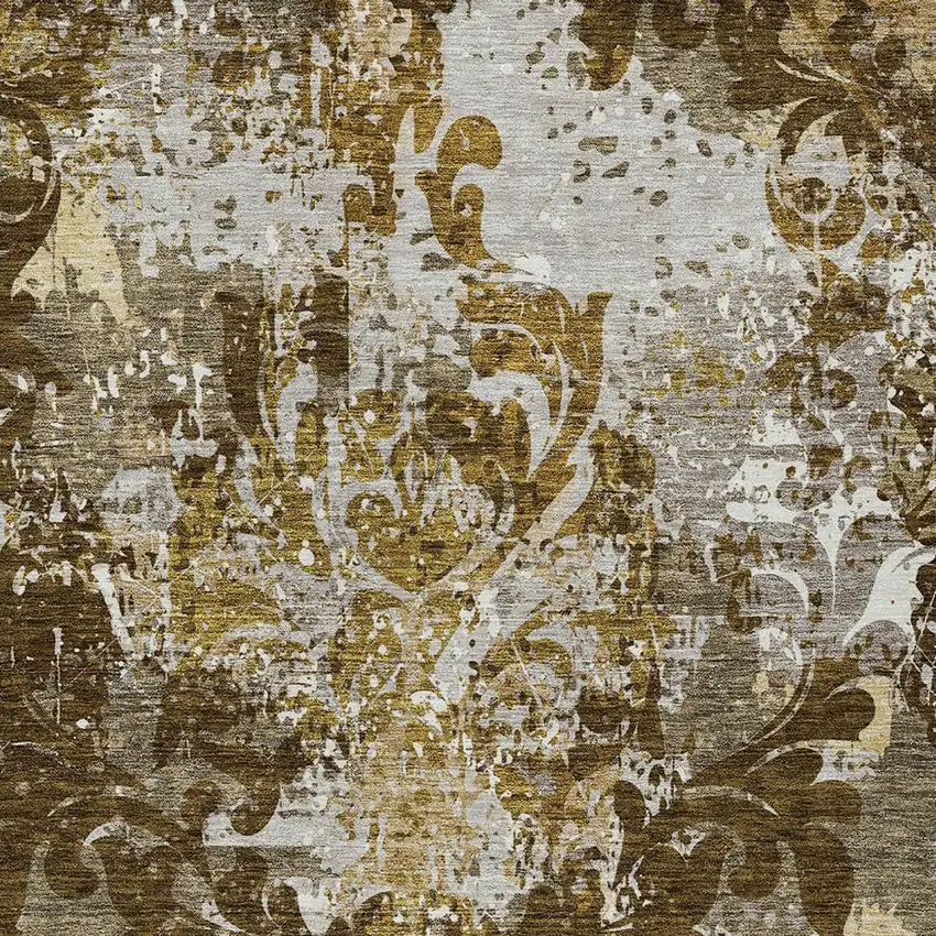 Brown Green And Ivory Damask Washable Indoor Outdoor Area Rug Photo 6