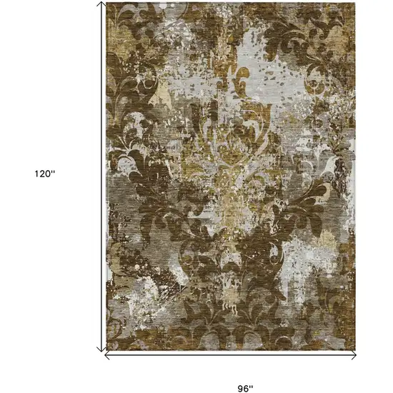 Brown Green And Ivory Damask Washable Indoor Outdoor Area Rug Photo 3