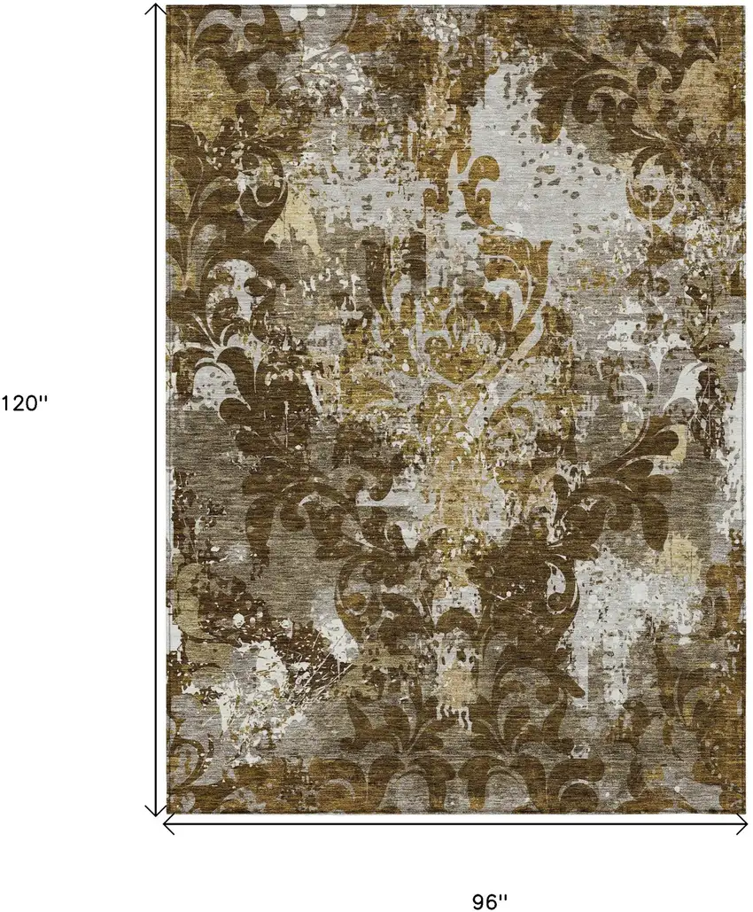 Brown Green And Ivory Damask Washable Indoor Outdoor Area Rug Photo 3