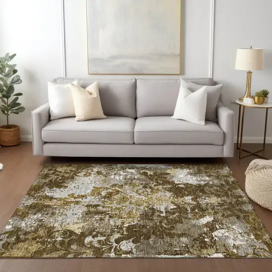 Brown Green And Ivory Damask Washable Indoor Outdoor Area Rug Photo 9