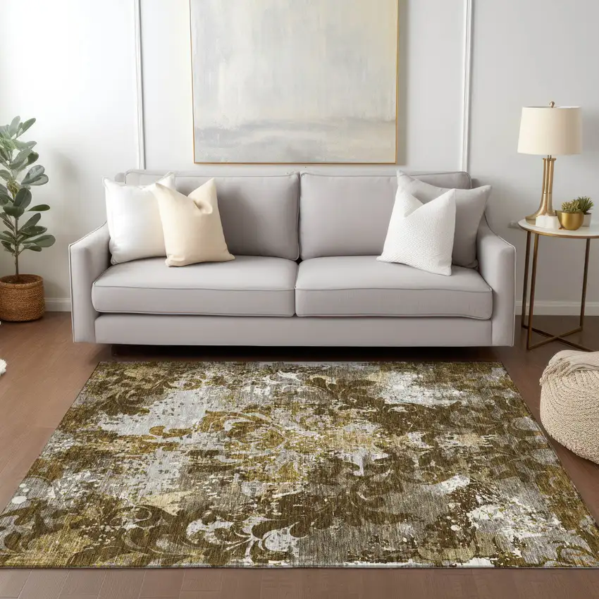 Brown Green And Ivory Damask Washable Indoor Outdoor Area Rug Photo 9