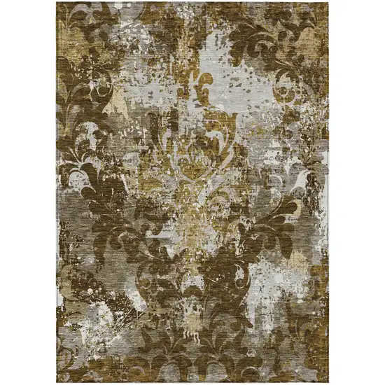 Brown Green And Ivory Damask Washable Indoor Outdoor Area Rug Photo 2