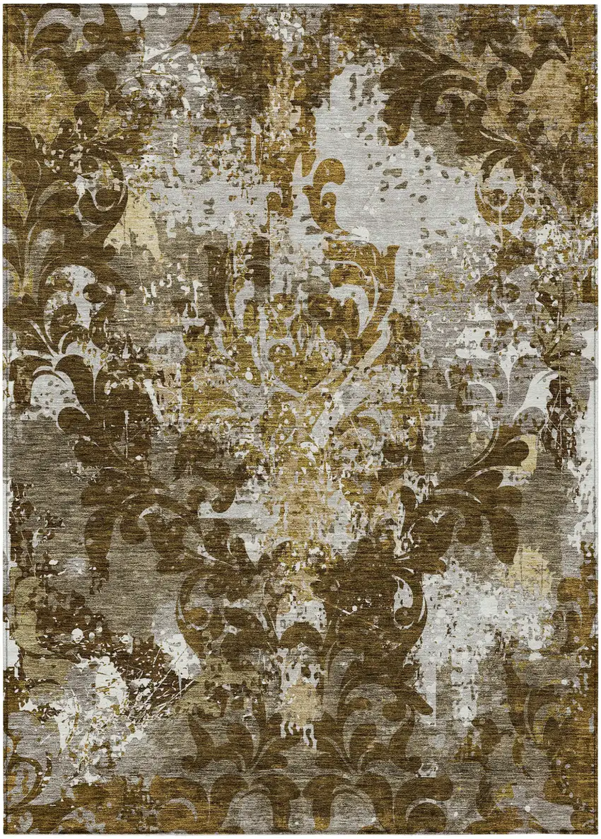 Brown Green And Ivory Damask Washable Indoor Outdoor Area Rug Photo 2