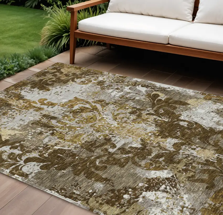 Brown Green And Ivory Damask Washable Indoor Outdoor Area Rug Photo 1