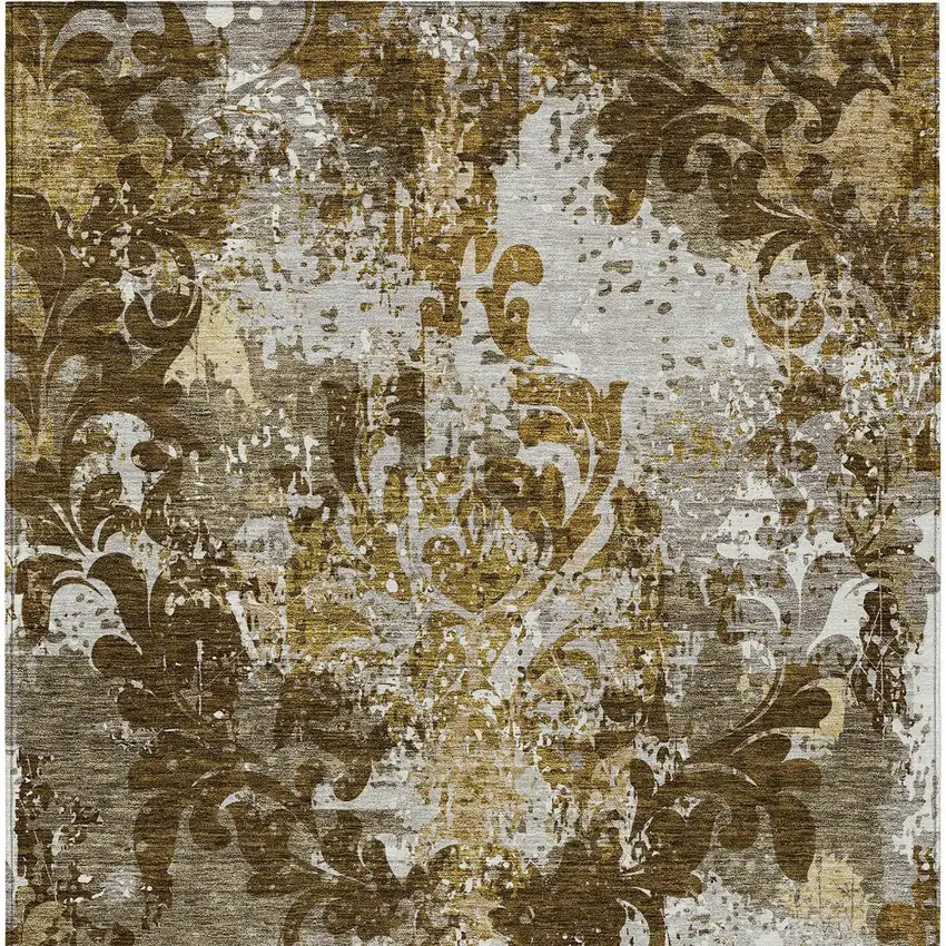 Brown Green And Ivory Damask Washable Indoor Outdoor Area Rug Photo 7