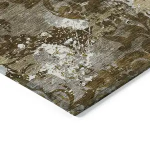 Photo of Brown Green And Ivory Damask Washable Indoor Outdoor Area Rug