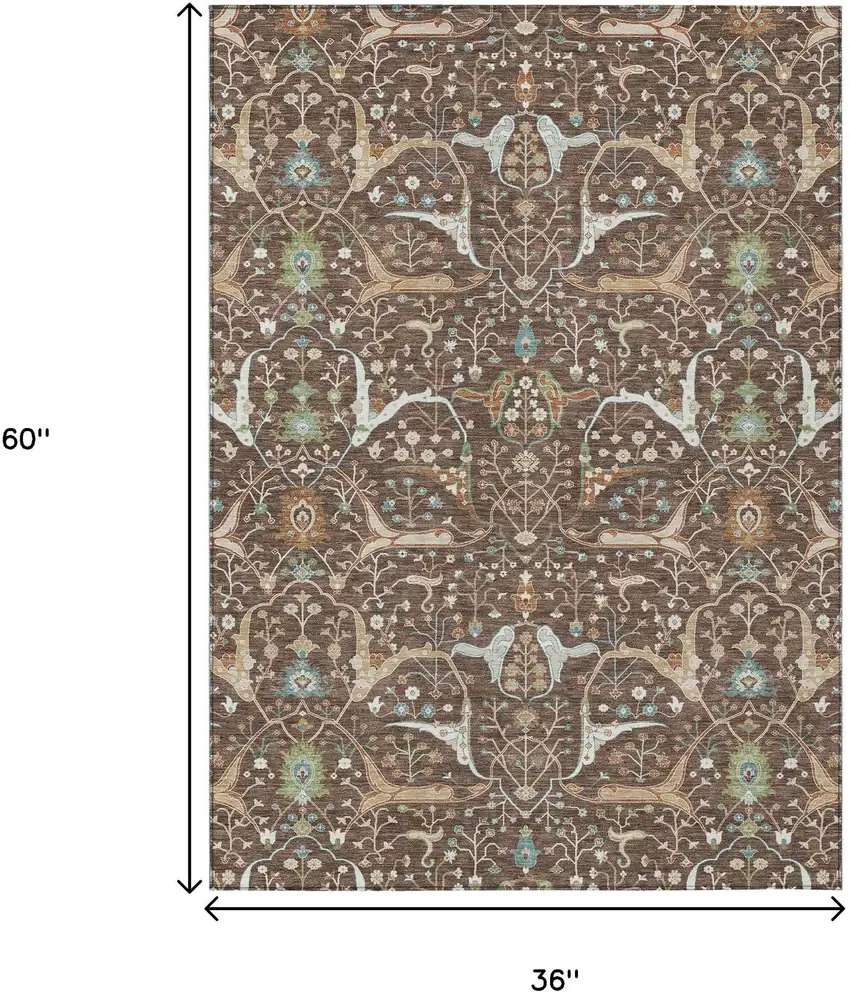 Brown Green And Ivory Floral Washable Indoor Outdoor Area Rug Photo 3