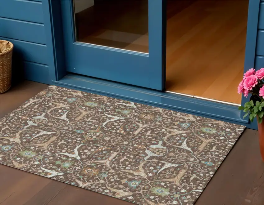 Brown Green And Ivory Floral Washable Indoor Outdoor Area Rug Photo 1