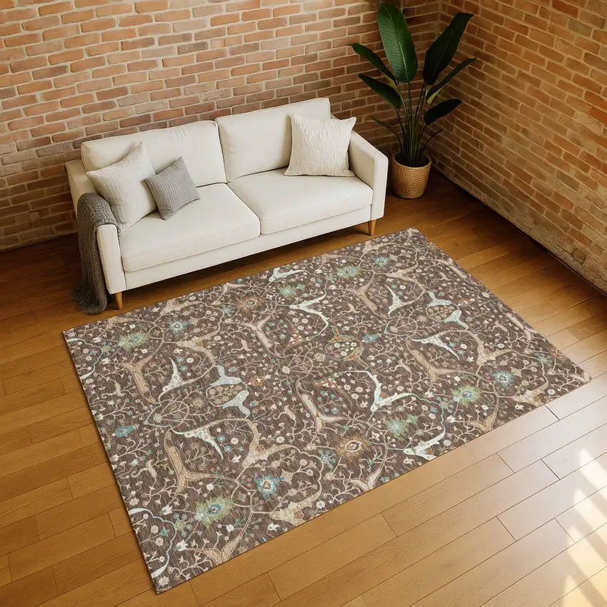 Brown Green And Ivory Floral Washable Indoor Outdoor Area Rug Photo 7