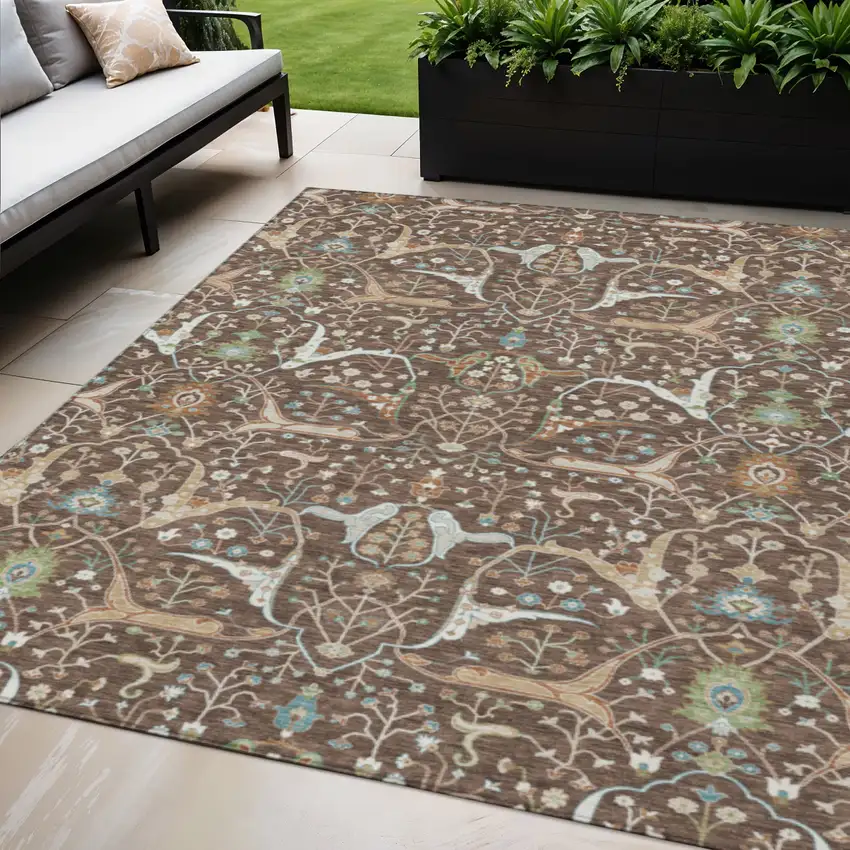 Brown Green And Ivory Floral Washable Indoor Outdoor Area Rug Photo 1