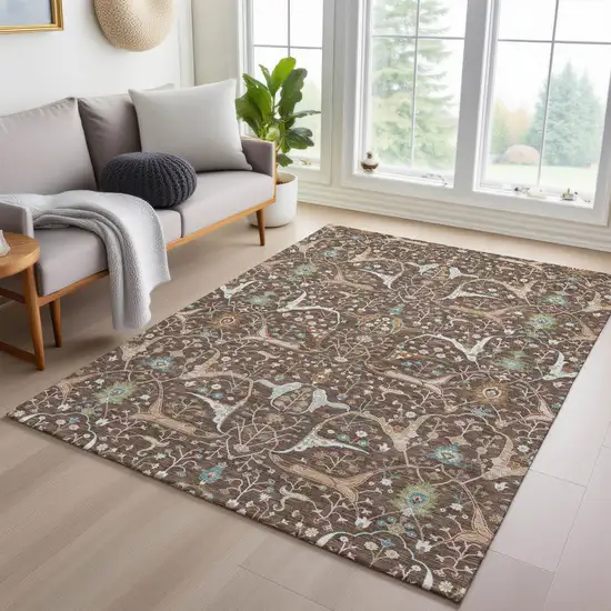 Brown Green And Ivory Floral Washable Indoor Outdoor Area Rug Photo 9