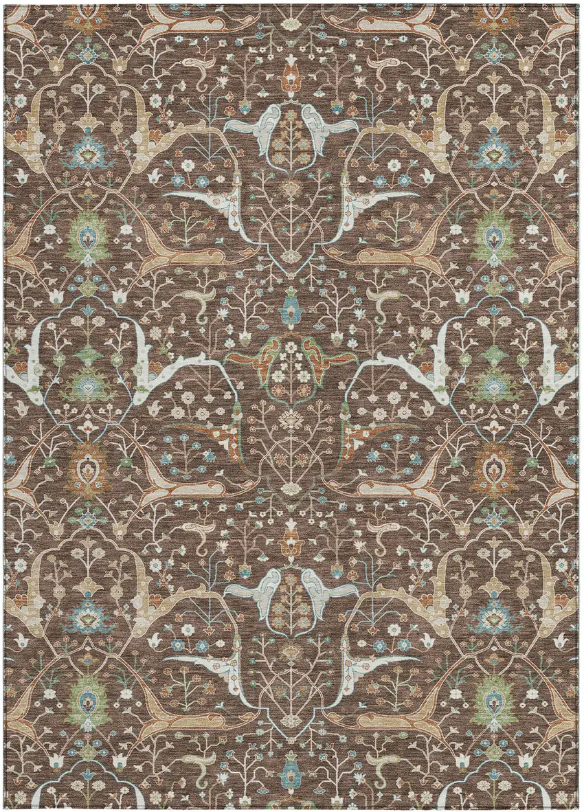Brown Green And Ivory Floral Washable Indoor Outdoor Area Rug Photo 4