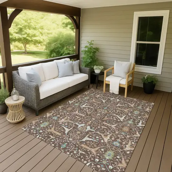 Brown Green And Ivory Floral Washable Indoor Outdoor Area Rug Photo 8