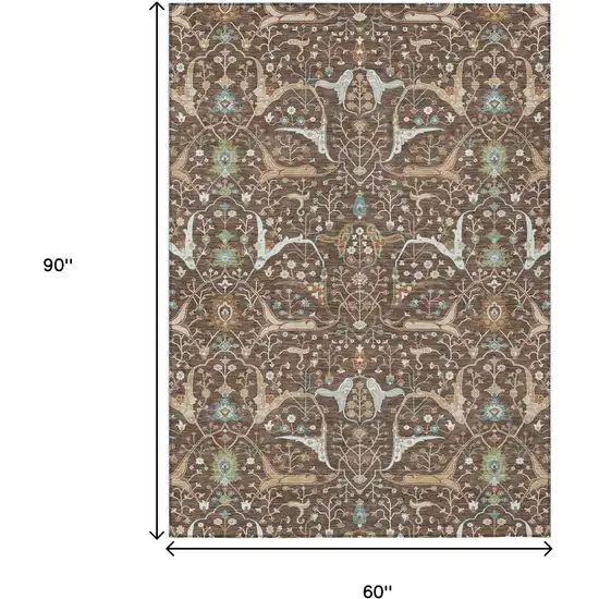 Brown Green And Ivory Floral Washable Indoor Outdoor Area Rug Photo 3