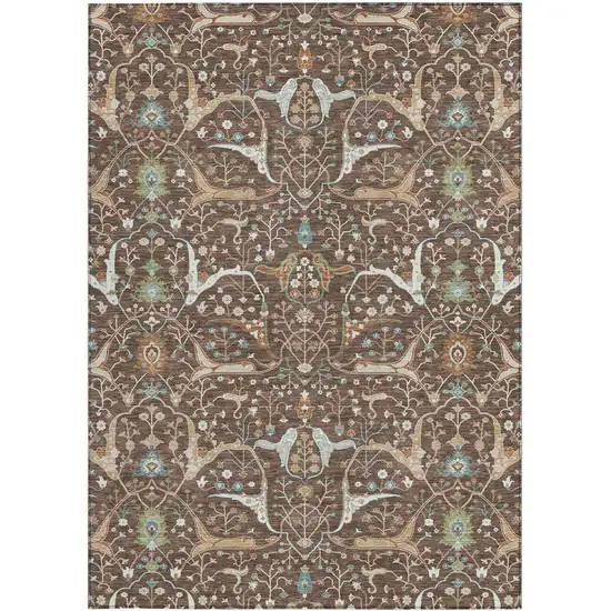 Brown Green And Ivory Floral Washable Indoor Outdoor Area Rug Photo 4
