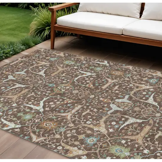 Brown Green And Ivory Floral Washable Indoor Outdoor Area Rug Photo 1
