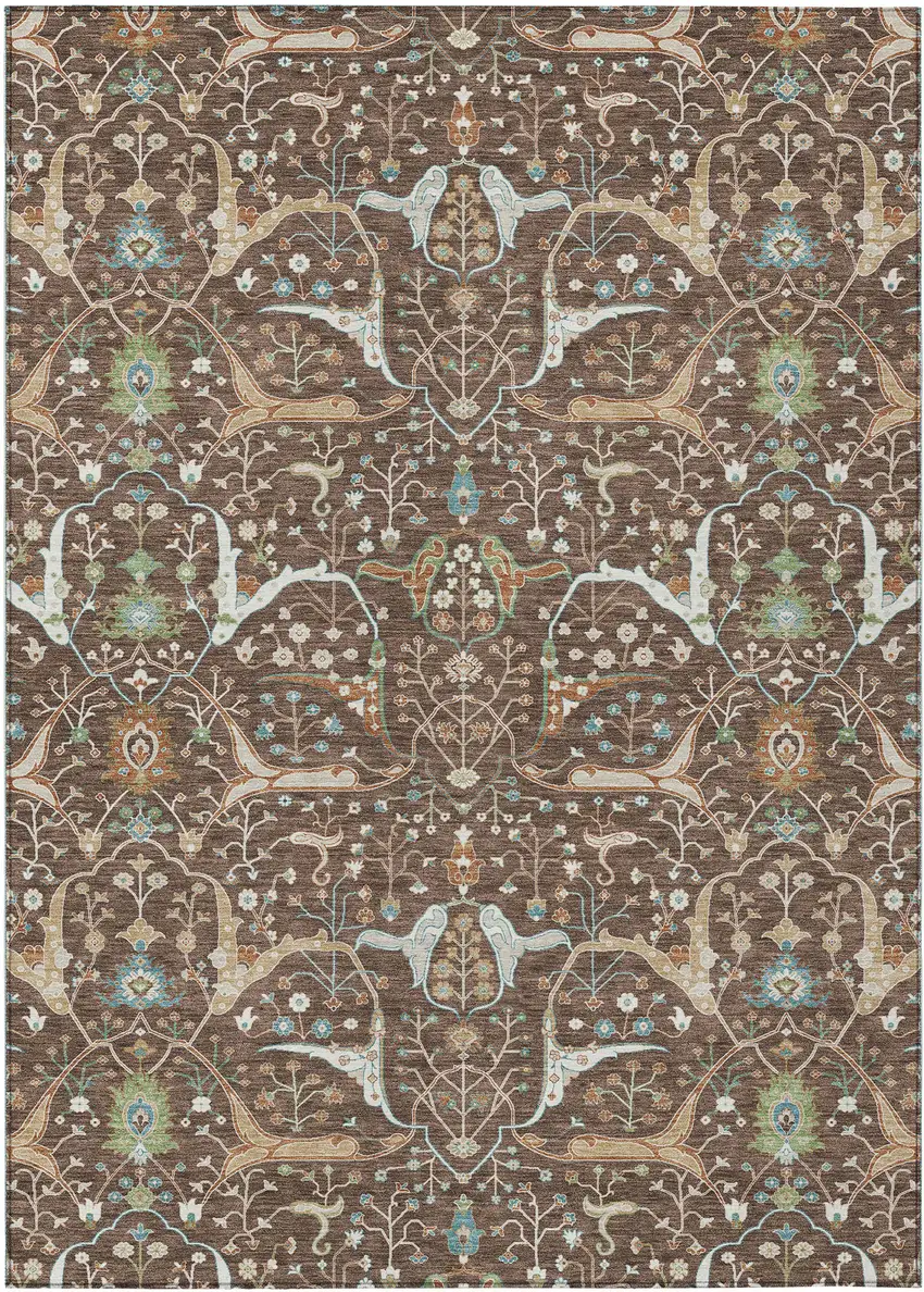 Brown Green And Ivory Floral Washable Indoor Outdoor Area Rug Photo 2